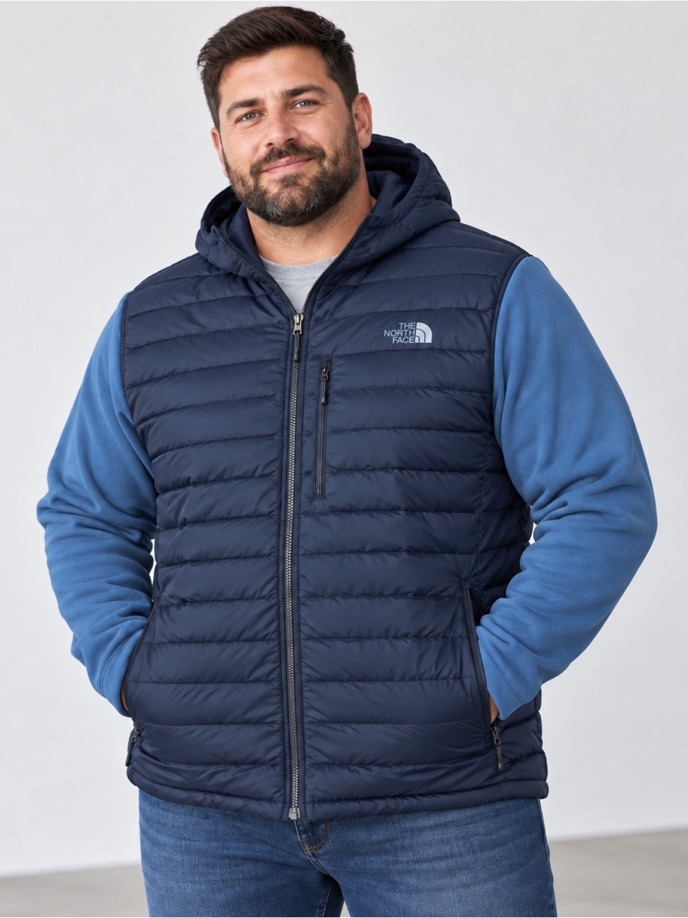 The North Face Men’s XXL 700 grams Navy Hooded Quilted Puffer with Blue Sleeves